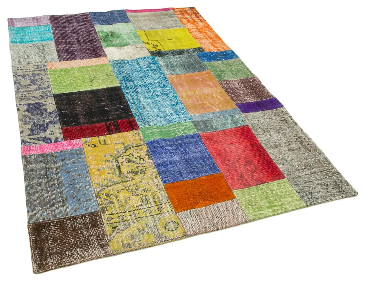 Patchwork Multi Pamuk Üzerine Yün El Dokuma Kilim-143x201 - Görsel 2