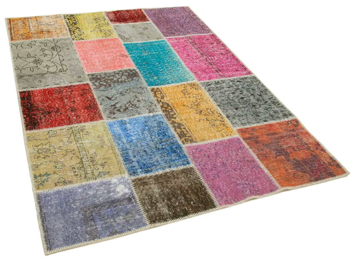 Patchwork Multi Pamuk Üzerine Yün El Dokuma Kilim-143x199 - Görsel 2