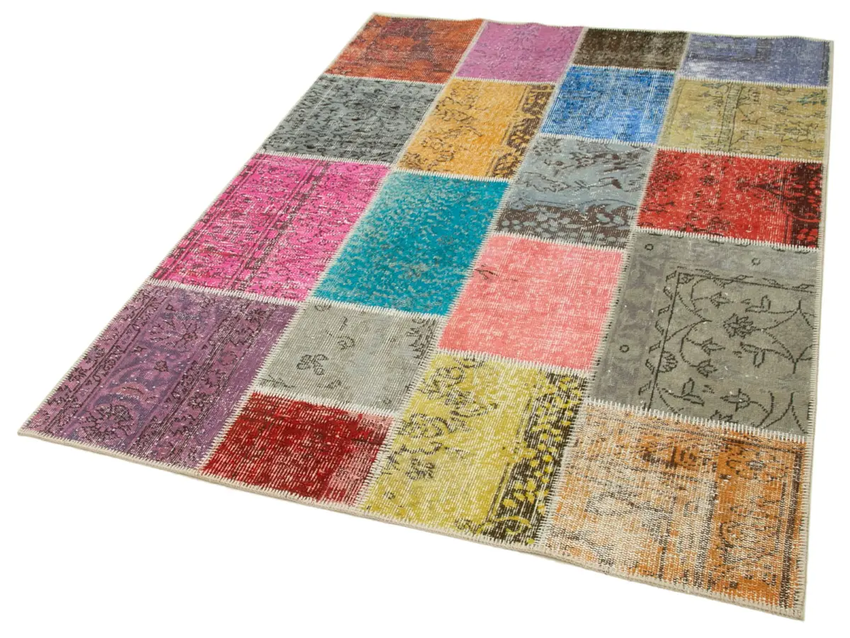 Patchwork Multi Pamuk Üzerine Yün El Dokuma Kilim-143x199 - Görsel 3