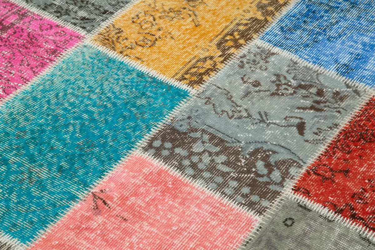 Patchwork Multi Pamuk Üzerine Yün El Dokuma Kilim-143x199 - Görsel 5