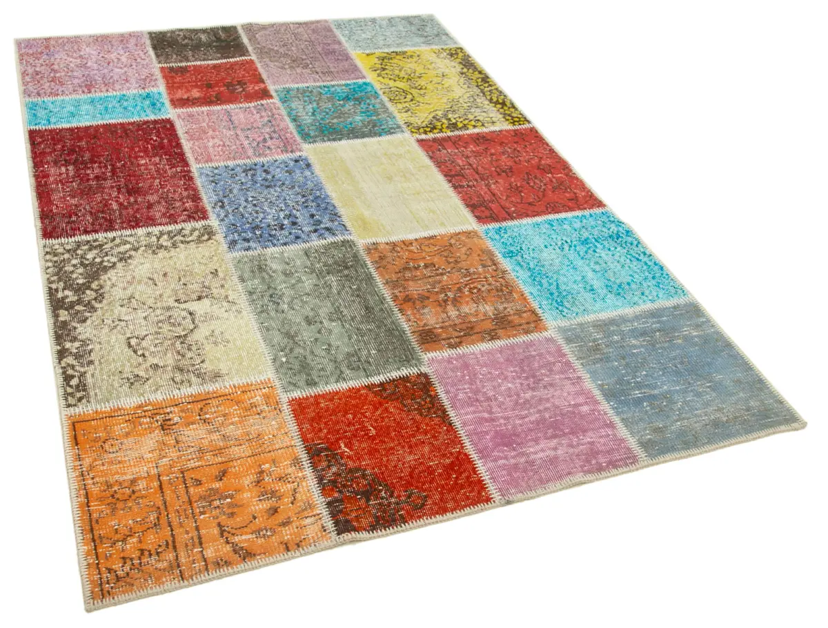 Patchwork Multi Pamuk Üzerine Yün El Dokuma Kilim-143x206 - Görsel 2