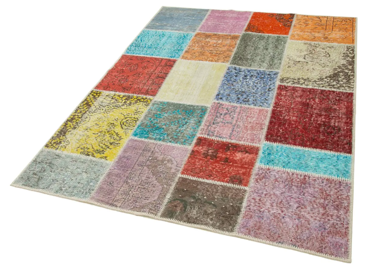 Patchwork Multi Pamuk Üzerine Yün El Dokuma Kilim-143x206 - Görsel 3