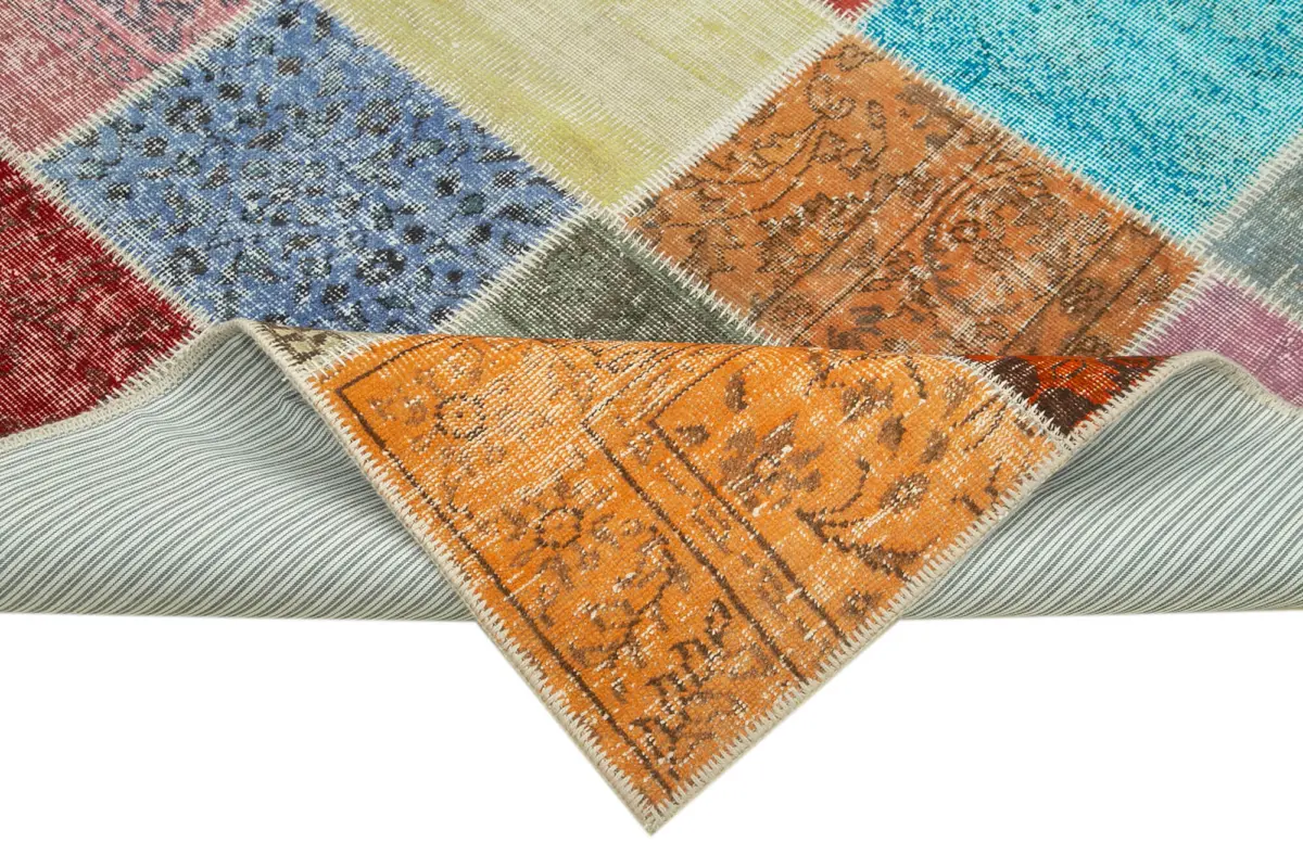 Patchwork Multi Pamuk Üzerine Yün El Dokuma Kilim-143x206 - Görsel 6