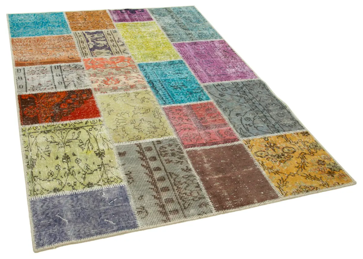 Patchwork Multi Pamuk Üzerine Yün El Dokuma Kilim-144x203 - Görsel 2