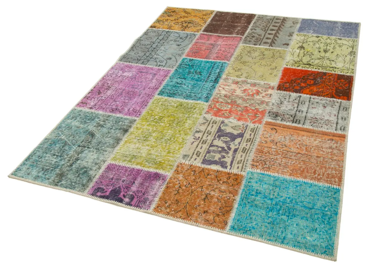 Patchwork Multi Pamuk Üzerine Yün El Dokuma Kilim-144x203 - Görsel 3