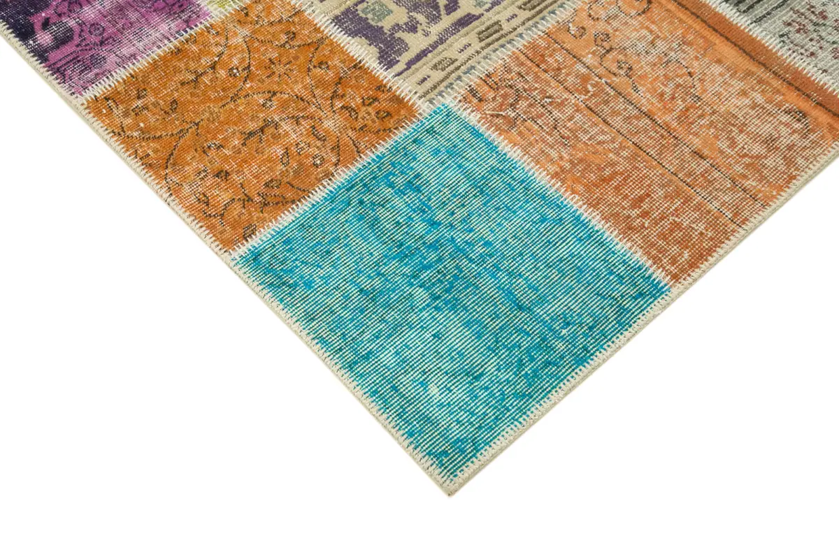 Patchwork Multi Pamuk Üzerine Yün El Dokuma Kilim-144x203 - Görsel 4
