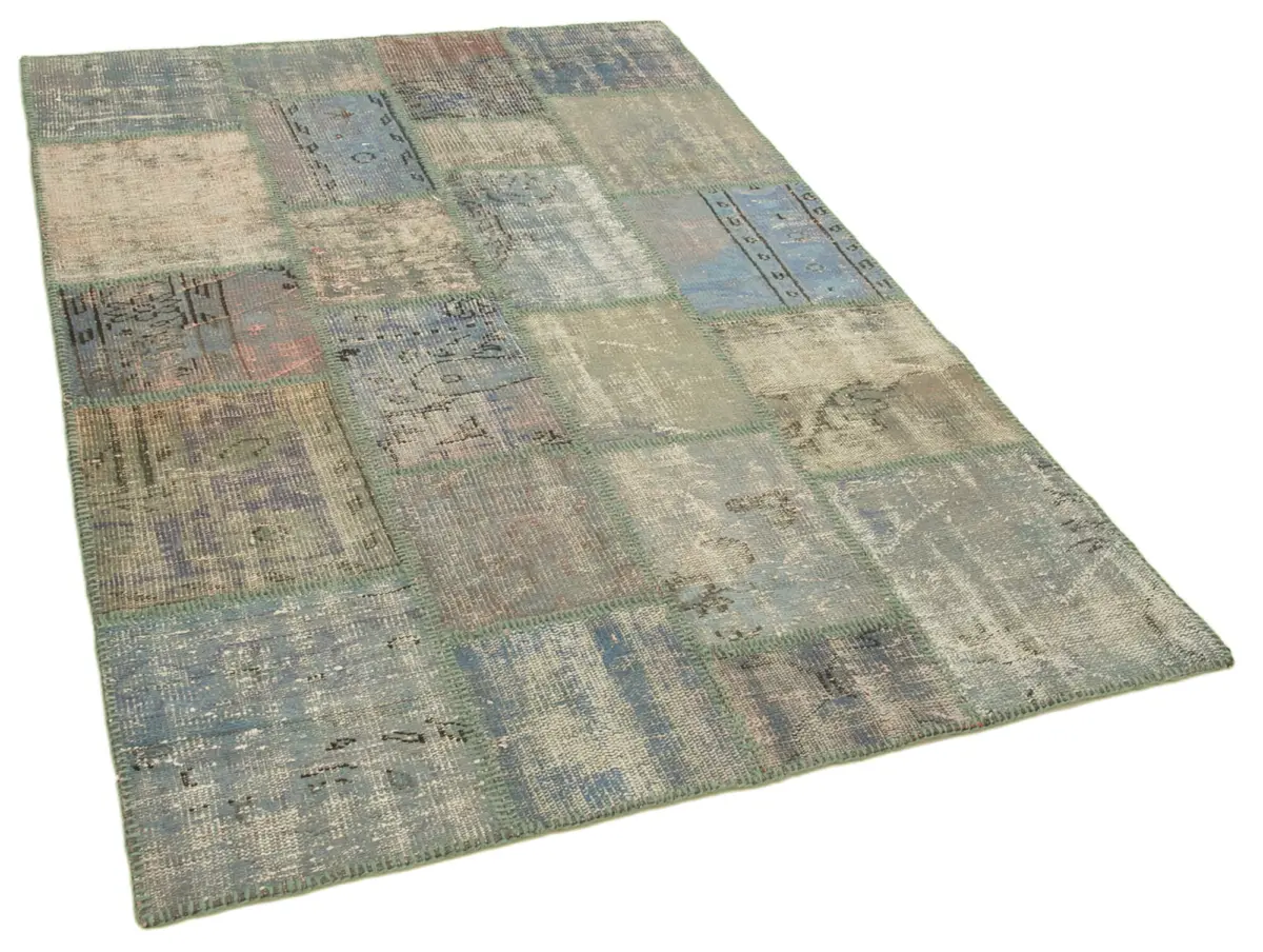Patchwork Mavi Pamuk Üzerine Yün El Dokuma Kilim-140x204 - Görsel 2