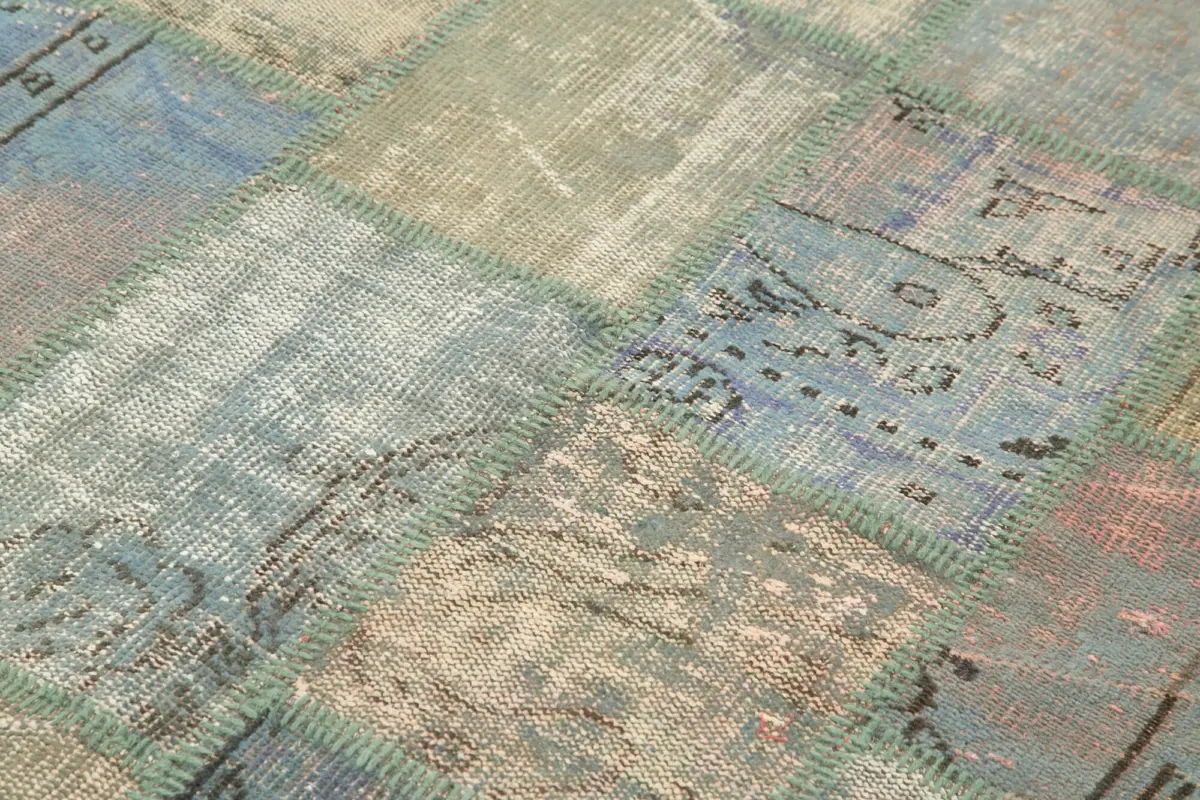 Patchwork Mavi Pamuk Üzerine Yün El Dokuma Kilim-140x204 - Görsel 5