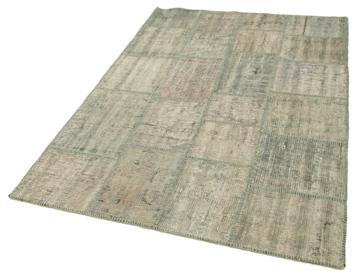 Patchwork Gri Pamuk Üzerine Yün El Dokuma Kilim-139x205 - Görsel 3