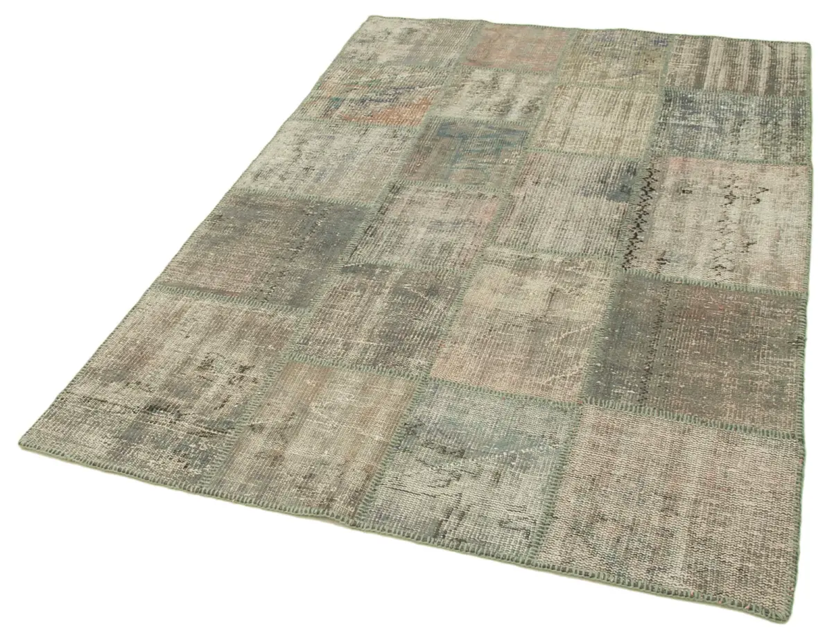 Patchwork Gri Pamuk Üzerine Yün El Dokuma Kilim-140x203 - Görsel 3