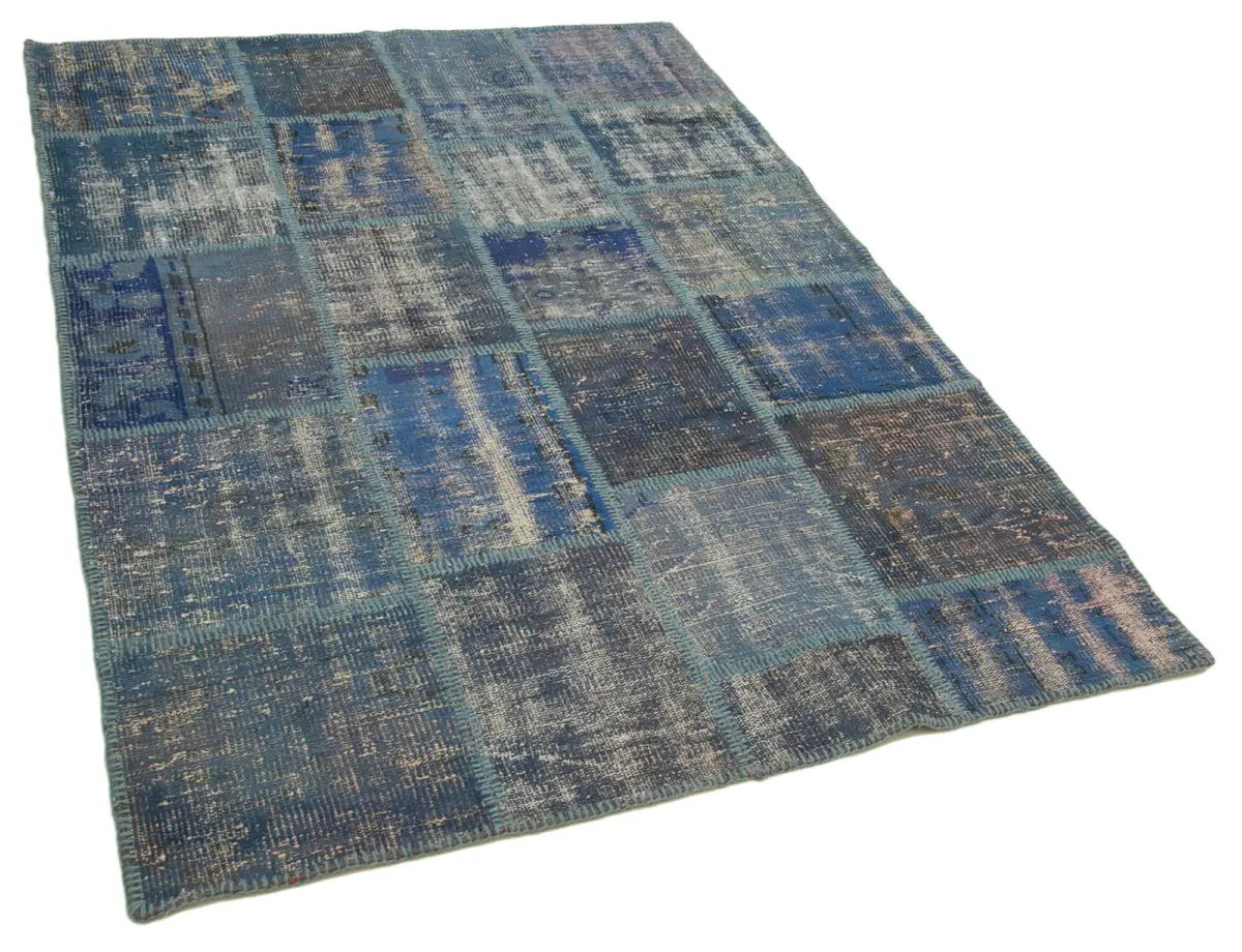 Patchwork Mavi Pamuk Üzerine Yün El Dokuma Kilim-141x205 - Görsel 2
