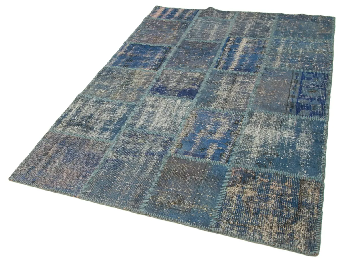 Patchwork Mavi Pamuk Üzerine Yün El Dokuma Kilim-141x205 - Görsel 3