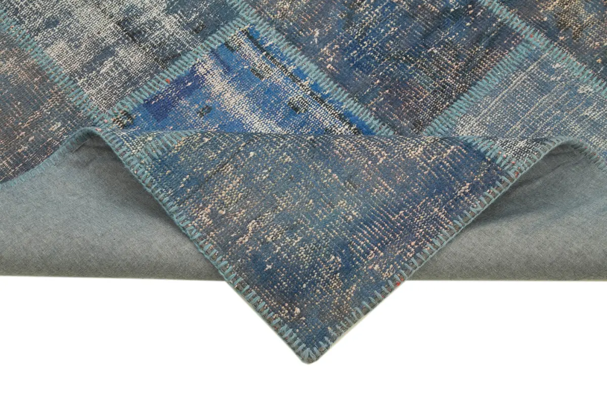 Patchwork Mavi Pamuk Üzerine Yün El Dokuma Kilim-141x205 - Görsel 6