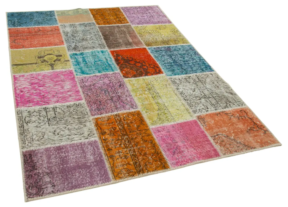 Patchwork Multi Pamuk Üzerine Yün El Dokuma Kilim-144x197 - Görsel 2