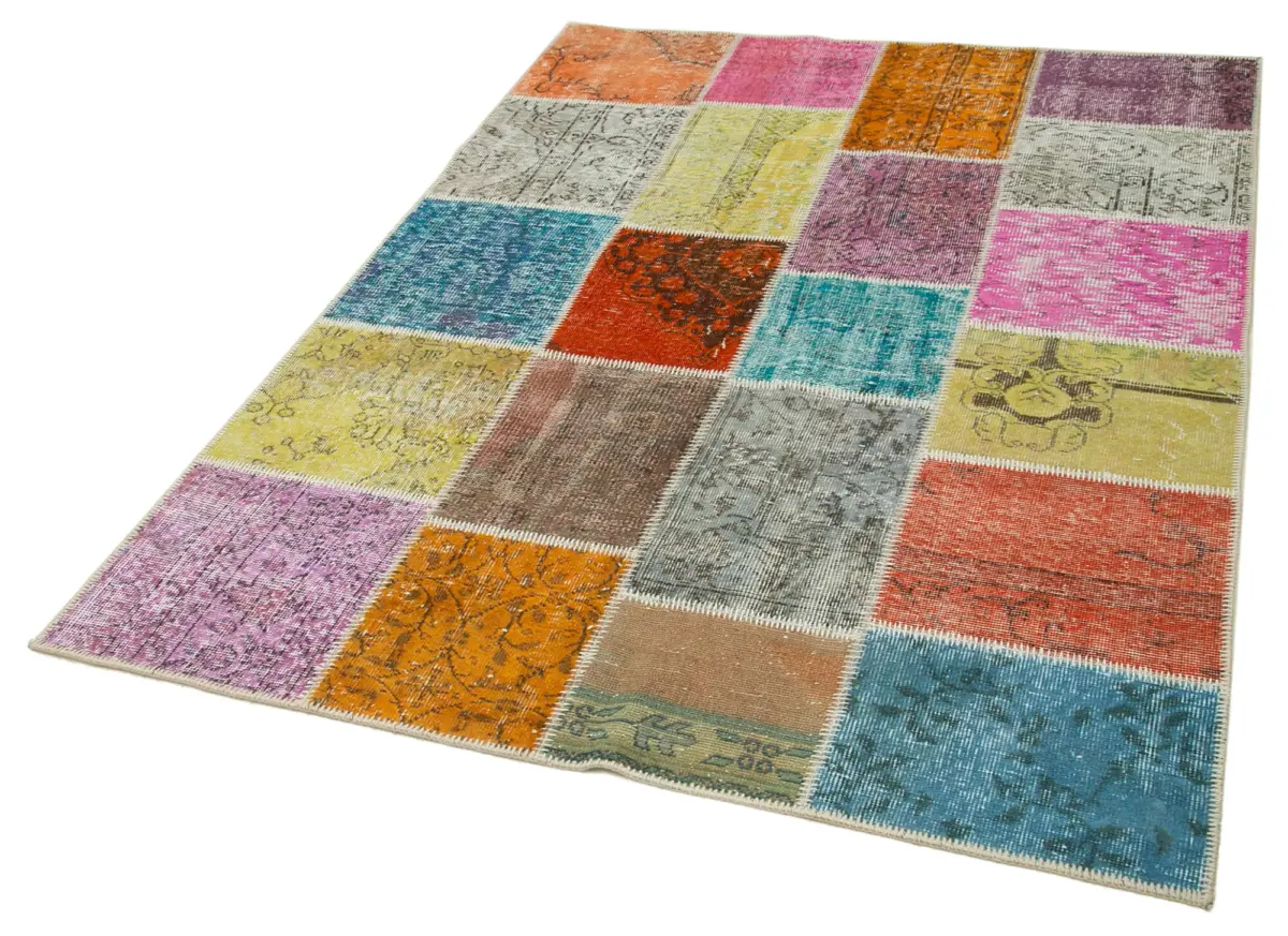 Patchwork Multi Pamuk Üzerine Yün El Dokuma Kilim-144x197 - Görsel 3