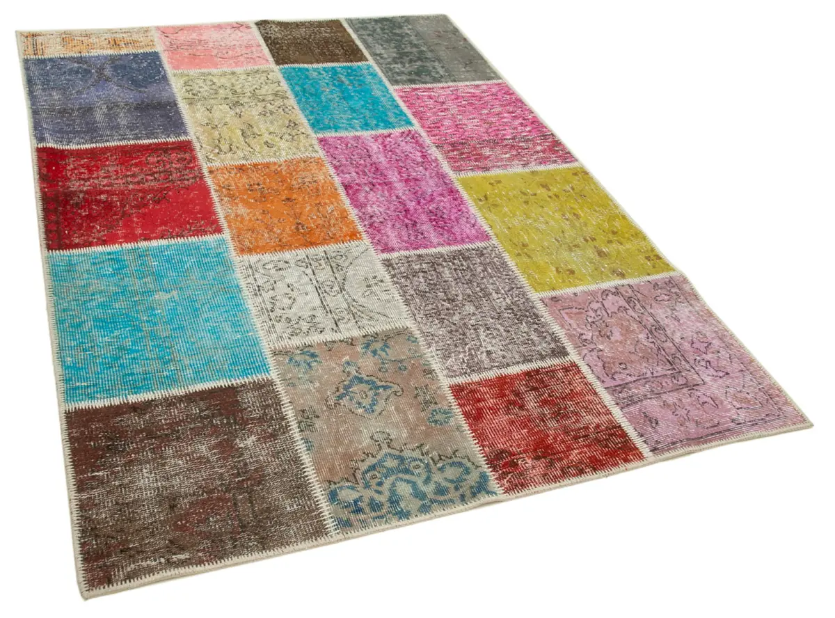 Patchwork Multi Pamuk Üzerine Yün El Dokuma Kilim-146x205 - Görsel 2