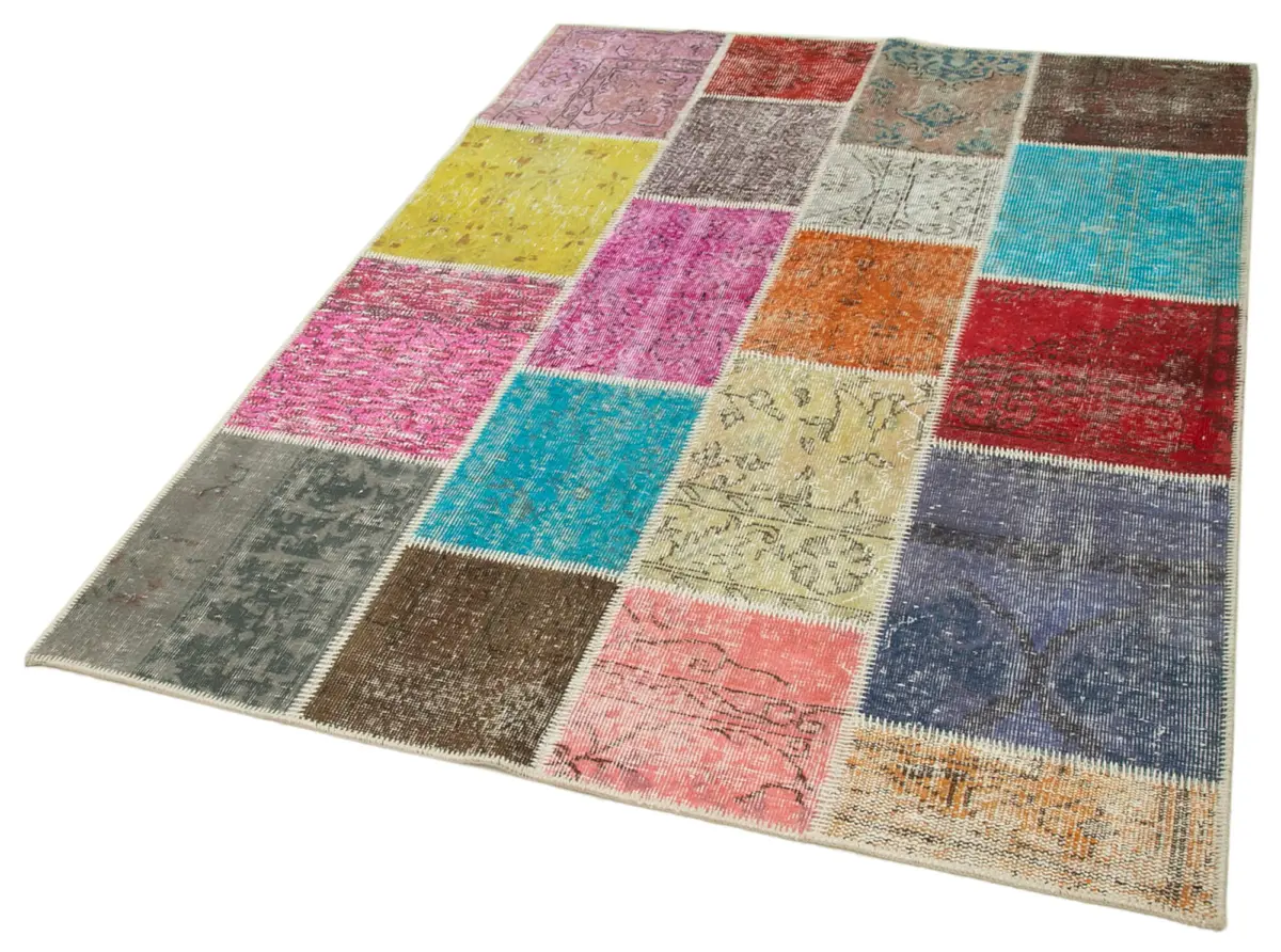 Patchwork Multi Pamuk Üzerine Yün El Dokuma Kilim-146x205 - Görsel 3