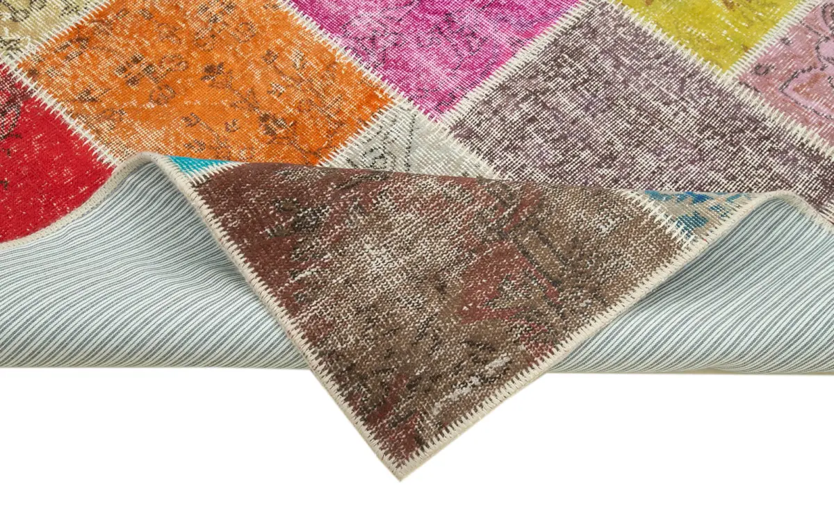 Patchwork Multi Pamuk Üzerine Yün El Dokuma Kilim-146x205 - Görsel 6
