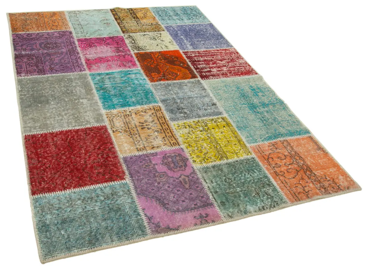Patchwork Multi Pamuk Üzerine Yün El Dokuma Kilim-144x209 - Görsel 2