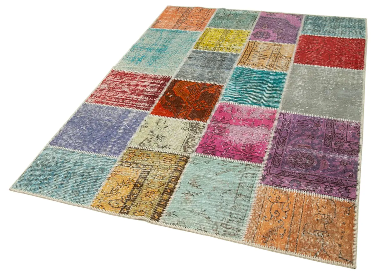 Patchwork Multi Pamuk Üzerine Yün El Dokuma Kilim-144x209 - Görsel 3