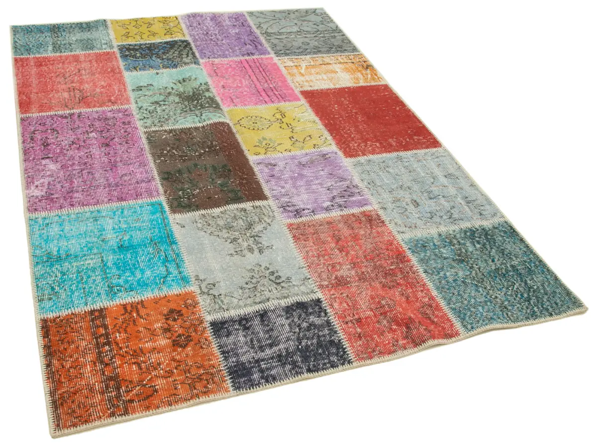 Patchwork Multi Pamuk Üzerine Yün El Dokuma Kilim-145x204 - Görsel 2