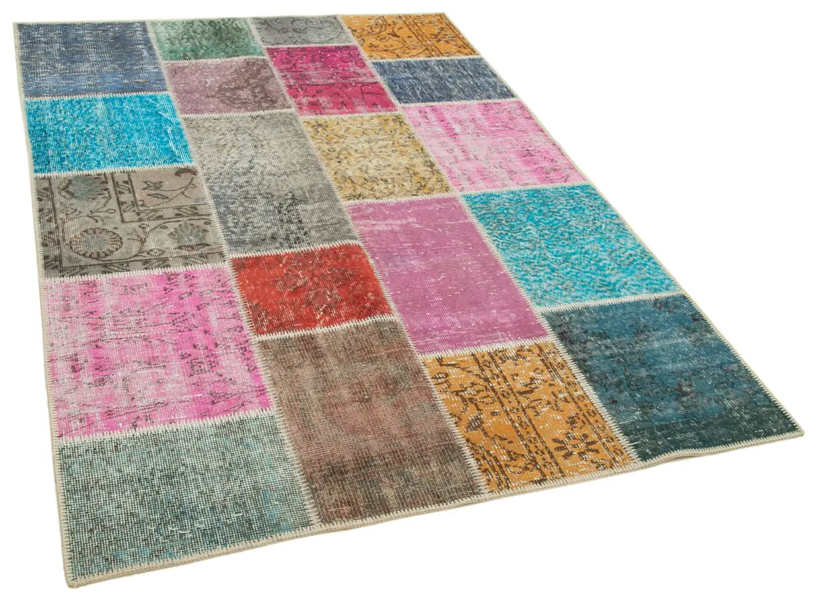 Patchwork Multi Pamuk Üzerine Yün El Dokuma Kilim-143x203 - Görsel 2