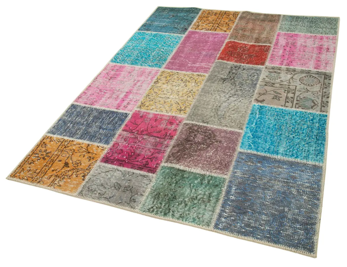 Patchwork Multi Pamuk Üzerine Yün El Dokuma Kilim-143x203 - Görsel 3