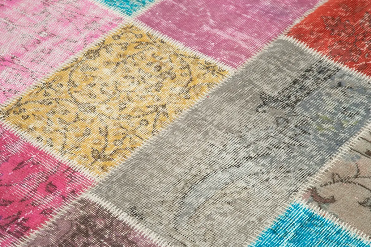 Patchwork Multi Pamuk Üzerine Yün El Dokuma Kilim-143x203 - Görsel 5