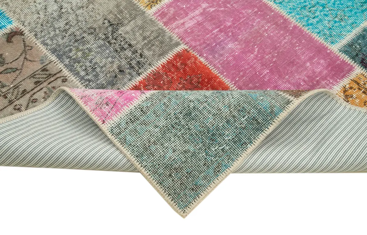 Patchwork Multi Pamuk Üzerine Yün El Dokuma Kilim-143x203 - Görsel 6
