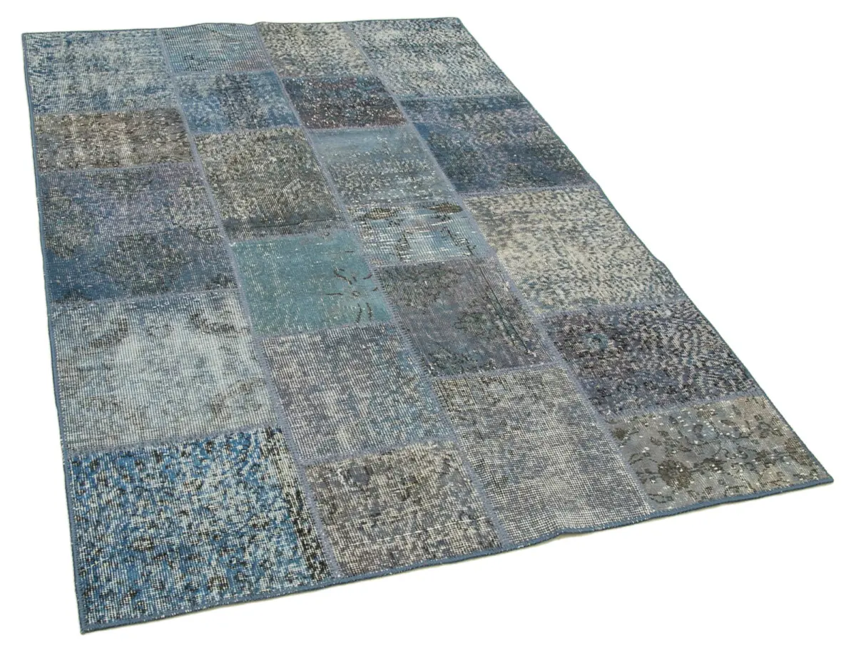 Patchwork Mavi Pamuk Üzerine Yün El Dokuma Kilim-135x200 - Görsel 2