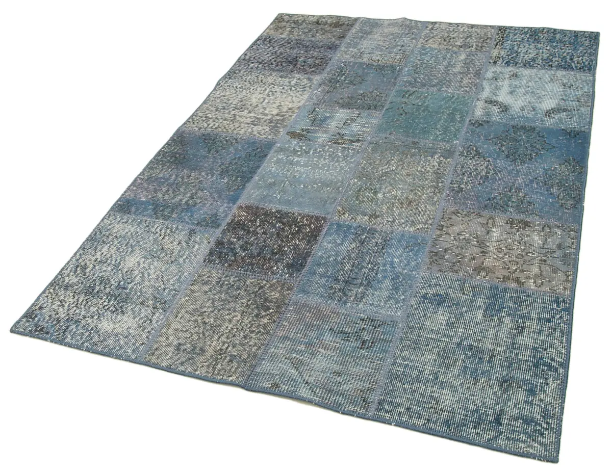 Patchwork Mavi Pamuk Üzerine Yün El Dokuma Kilim-135x200 - Görsel 3