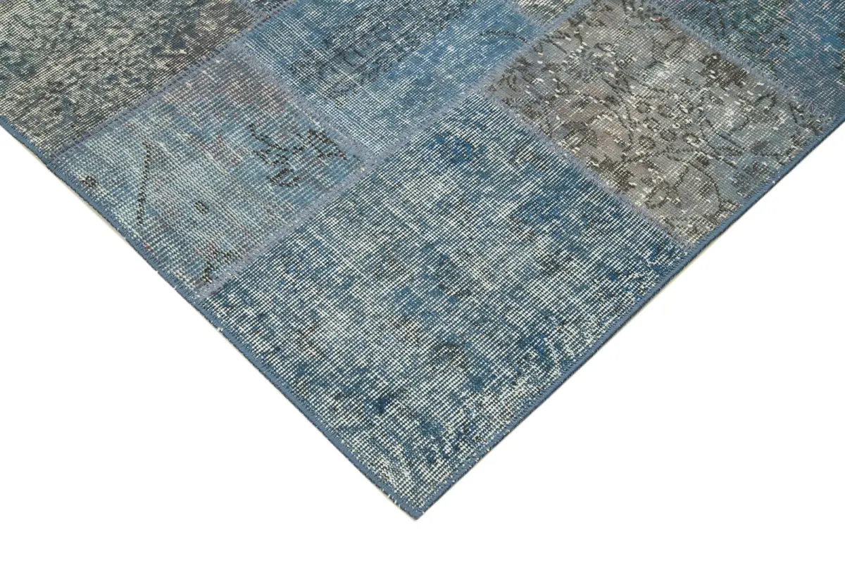 Patchwork Mavi Pamuk Üzerine Yün El Dokuma Kilim-135x200 - Görsel 4