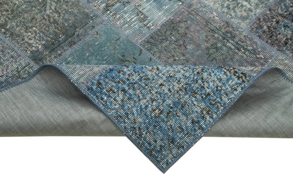 Patchwork Mavi Pamuk Üzerine Yün El Dokuma Kilim-135x200 - Görsel 6