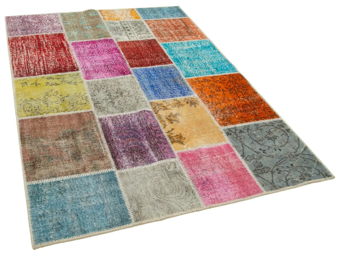 Patchwork Multi Pamuk Üzerine Yün El Dokuma Kilim-143x206 - Görsel 2