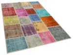 Patchwork Multi Pamuk Üzerine Yün El Dokuma Kilim-143x206 - Görsel 2