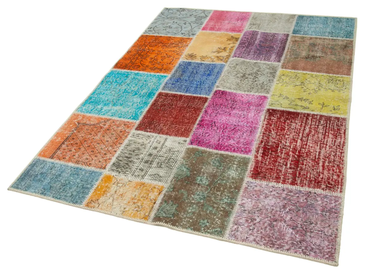 Patchwork Multi Pamuk Üzerine Yün El Dokuma Kilim-143x206 - Görsel 3