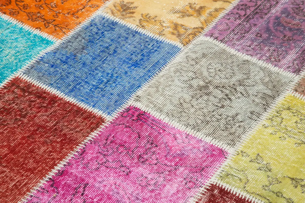 Patchwork Multi Pamuk Üzerine Yün El Dokuma Kilim-143x206 - Görsel 5