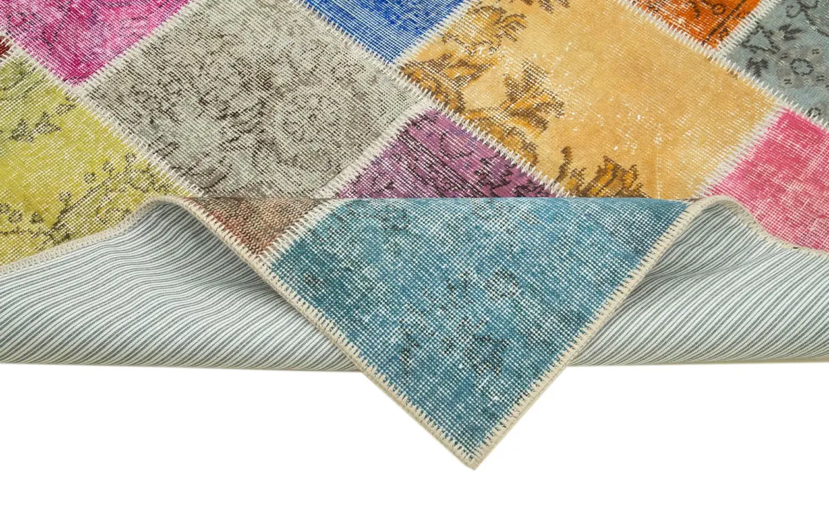 Patchwork Multi Pamuk Üzerine Yün El Dokuma Kilim-143x206 - Görsel 6