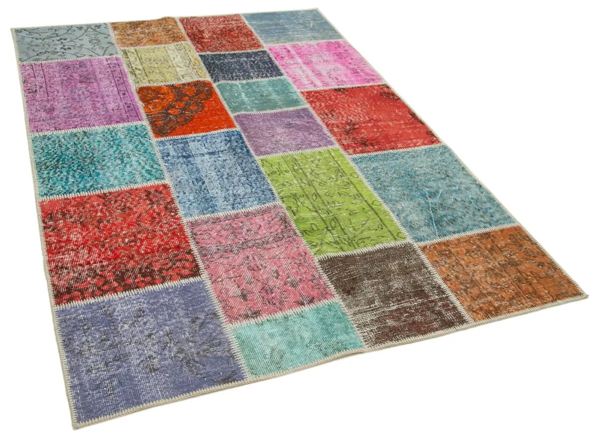 Patchwork Multi Pamuk Üzerine Yün El Dokuma Kilim-146x205 - Görsel 2
