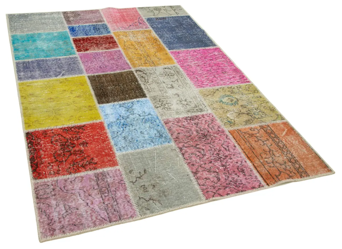 Patchwork Multi Pamuk Üzerine Yün El Dokuma Kilim-144x203 - Görsel 2