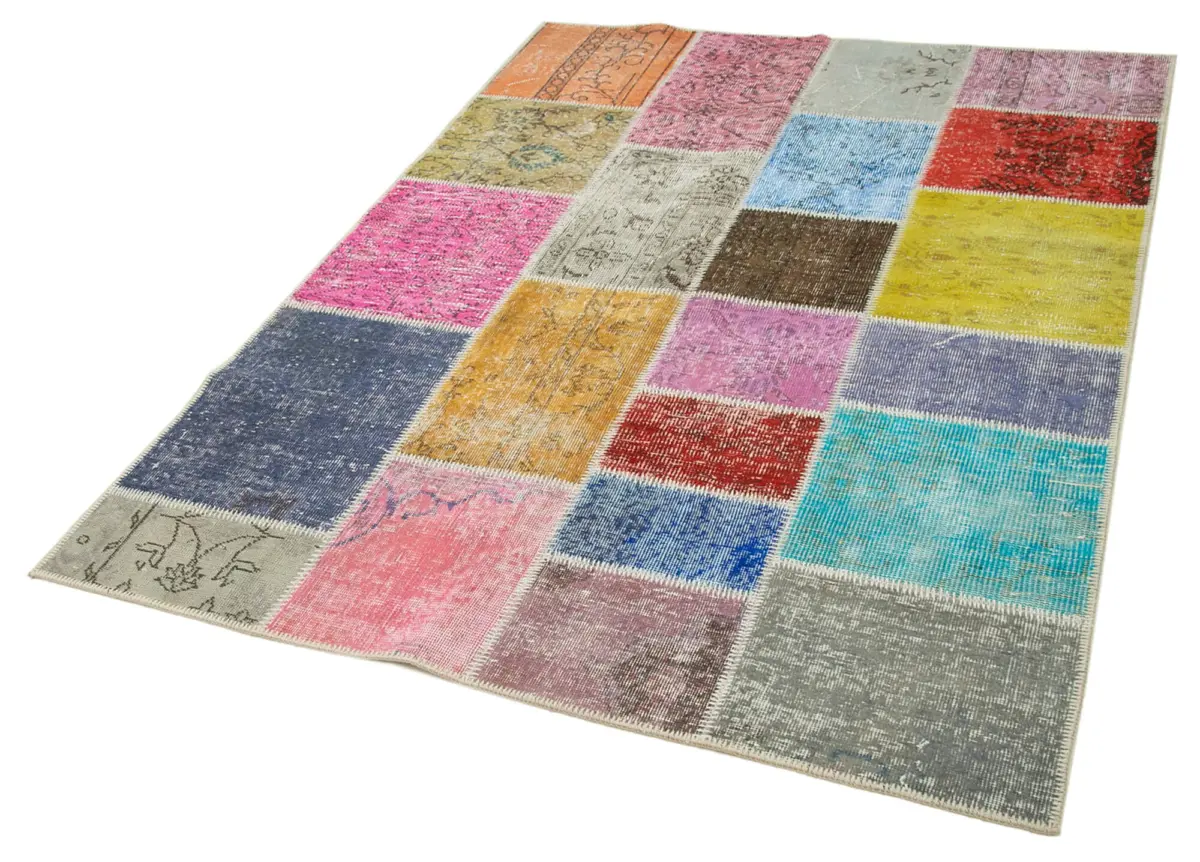 Patchwork Multi Pamuk Üzerine Yün El Dokuma Kilim-144x203 - Görsel 3