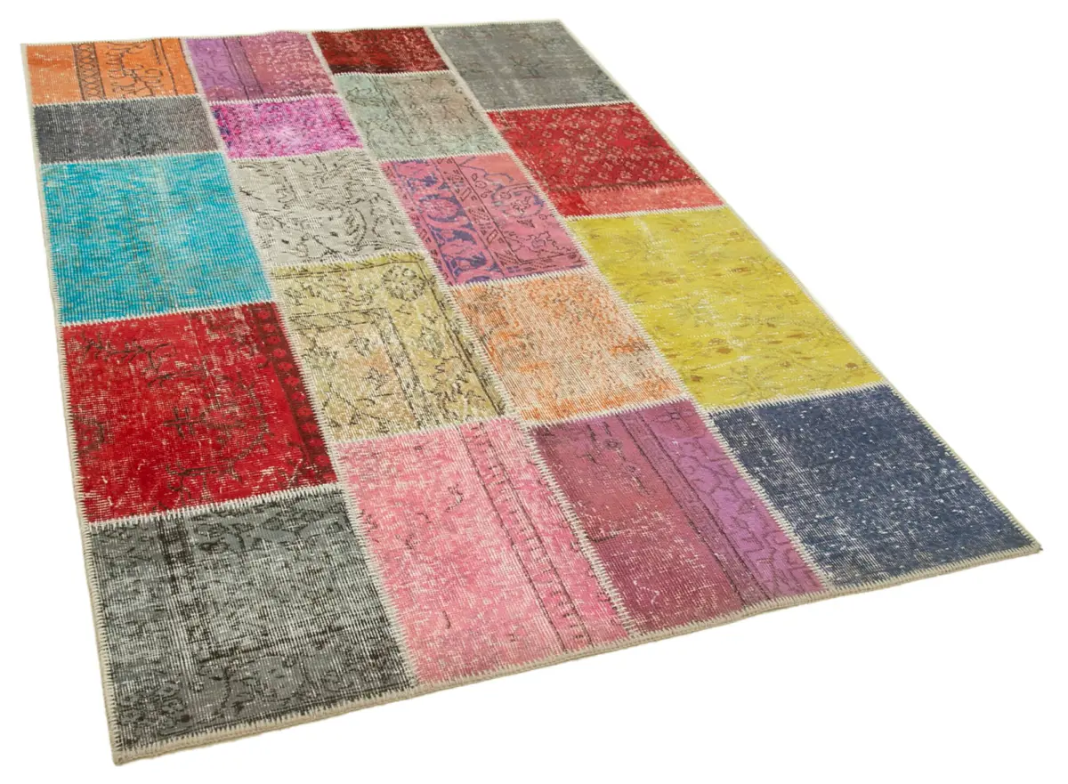 Patchwork Multi Pamuk Üzerine Yün El Dokuma Kilim-142x210 - Görsel 2