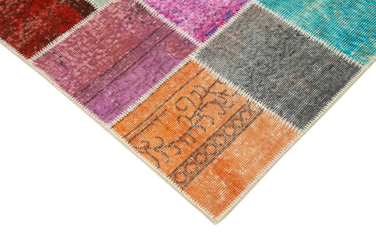 Patchwork Multi Pamuk Üzerine Yün El Dokuma Kilim-142x210 - Görsel 4