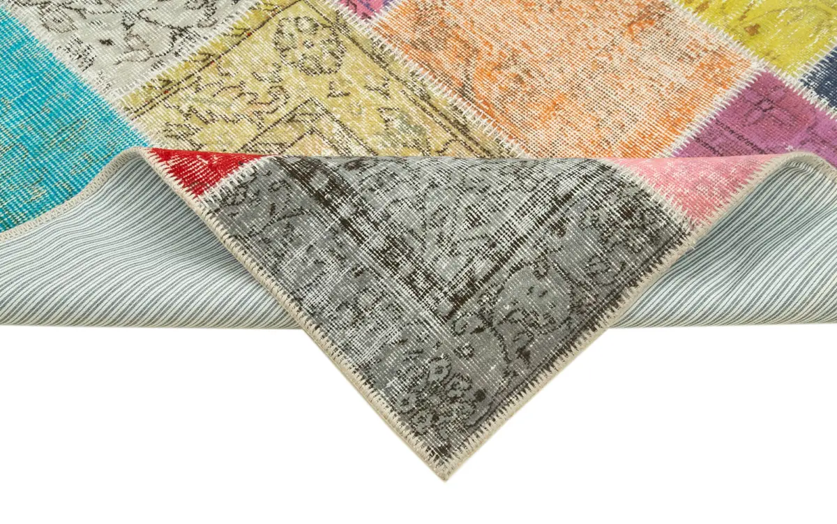 Patchwork Multi Pamuk Üzerine Yün El Dokuma Kilim-142x210 - Görsel 6