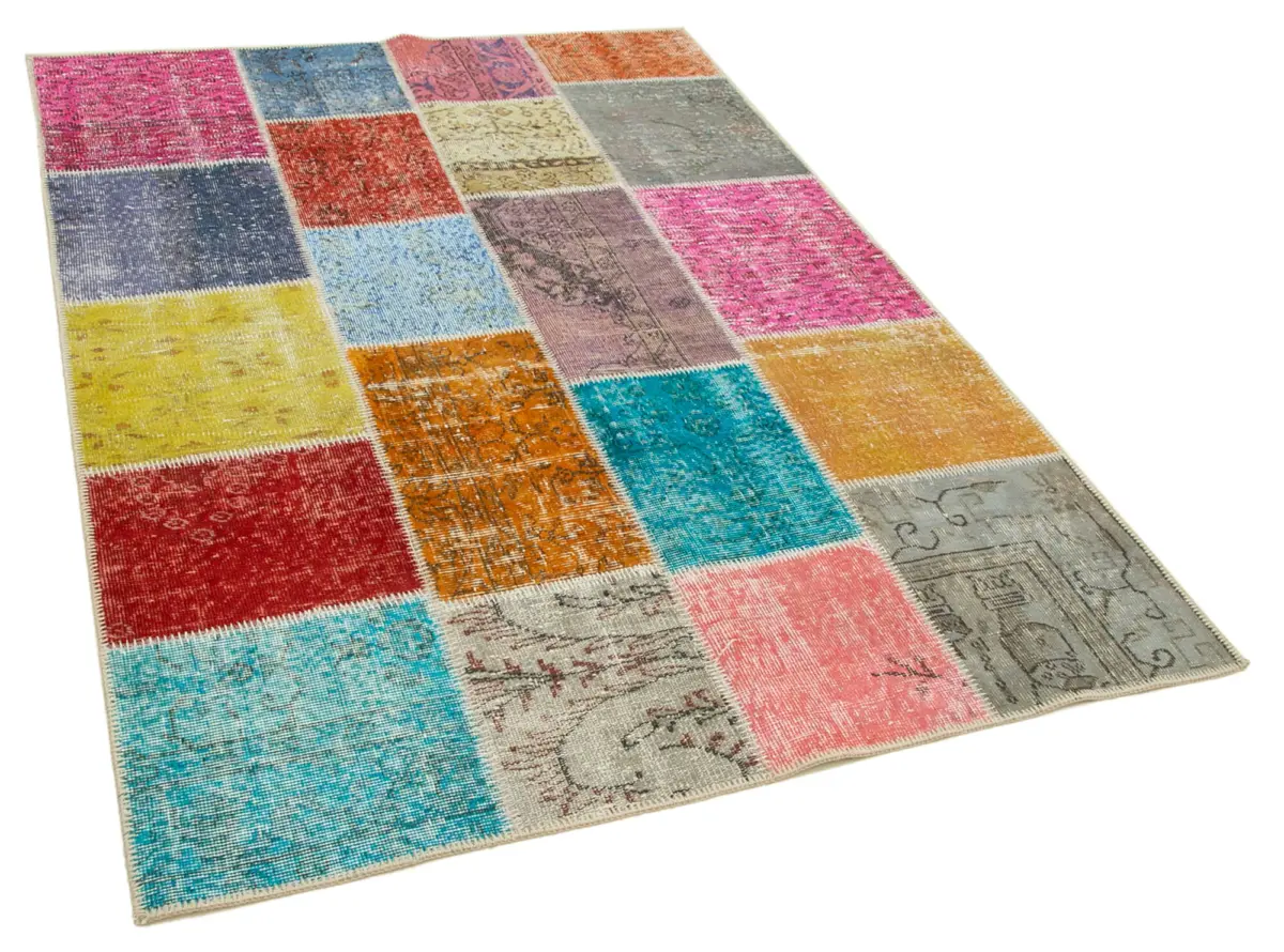 Patchwork Multi Pamuk Üzerine Yün El Dokuma Kilim-145x204 - Görsel 2