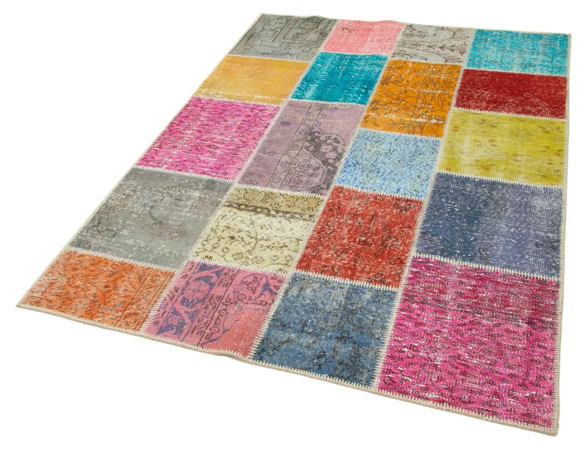 Patchwork Multi Pamuk Üzerine Yün El Dokuma Kilim-145x204 - Görsel 3