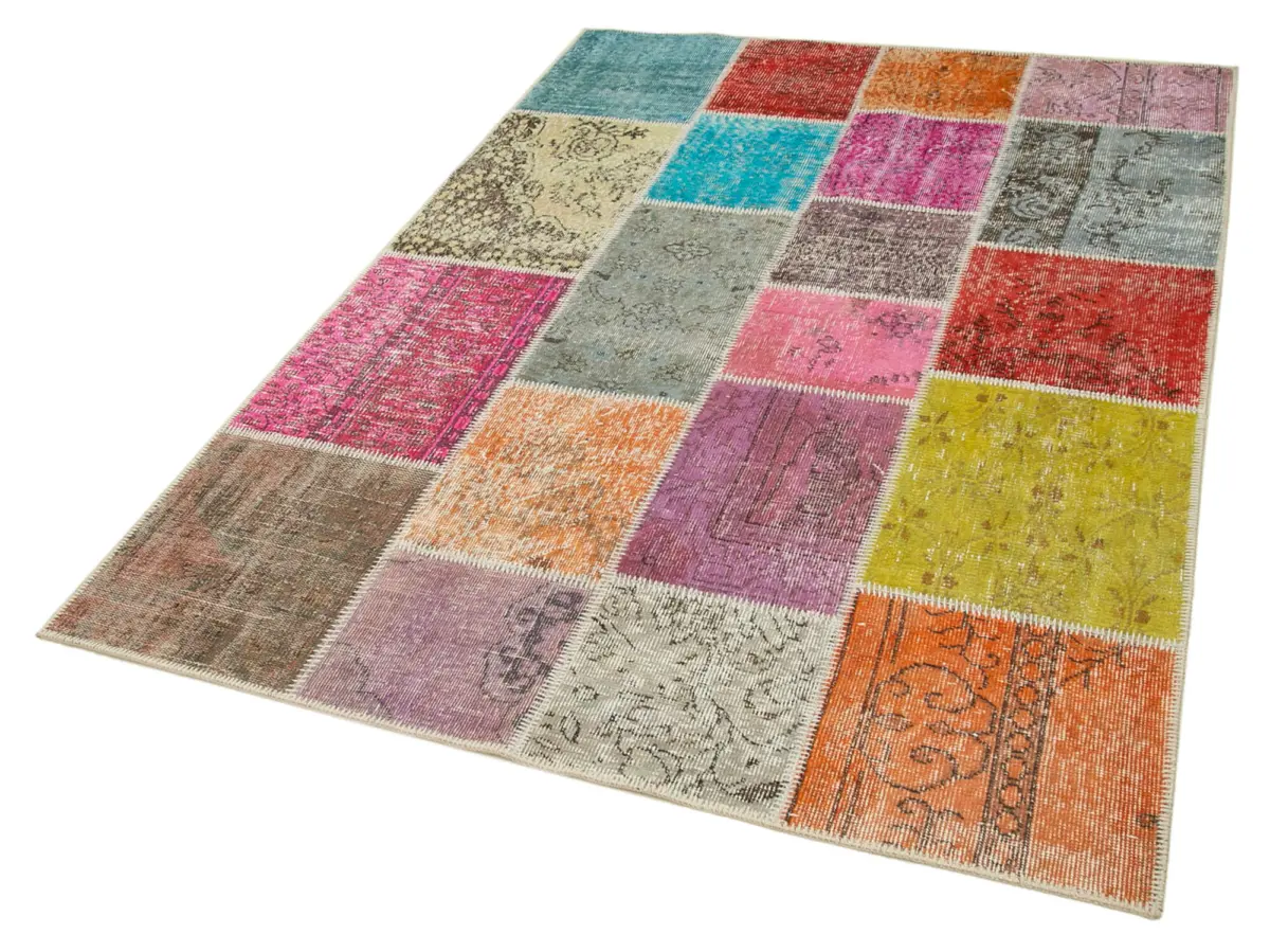 Patchwork Multi Pamuk Üzerine Yün El Dokuma Kilim-145x206 - Görsel 3