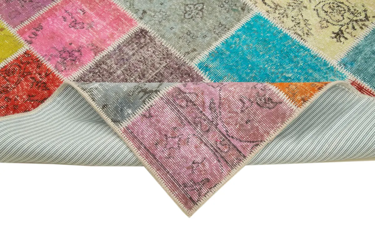 Patchwork Multi Pamuk Üzerine Yün El Dokuma Kilim-145x206 - Görsel 6