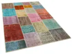 Patchwork Multi Pamuk Üzerine Yün El Dokuma Kilim-145x207 - Görsel 2