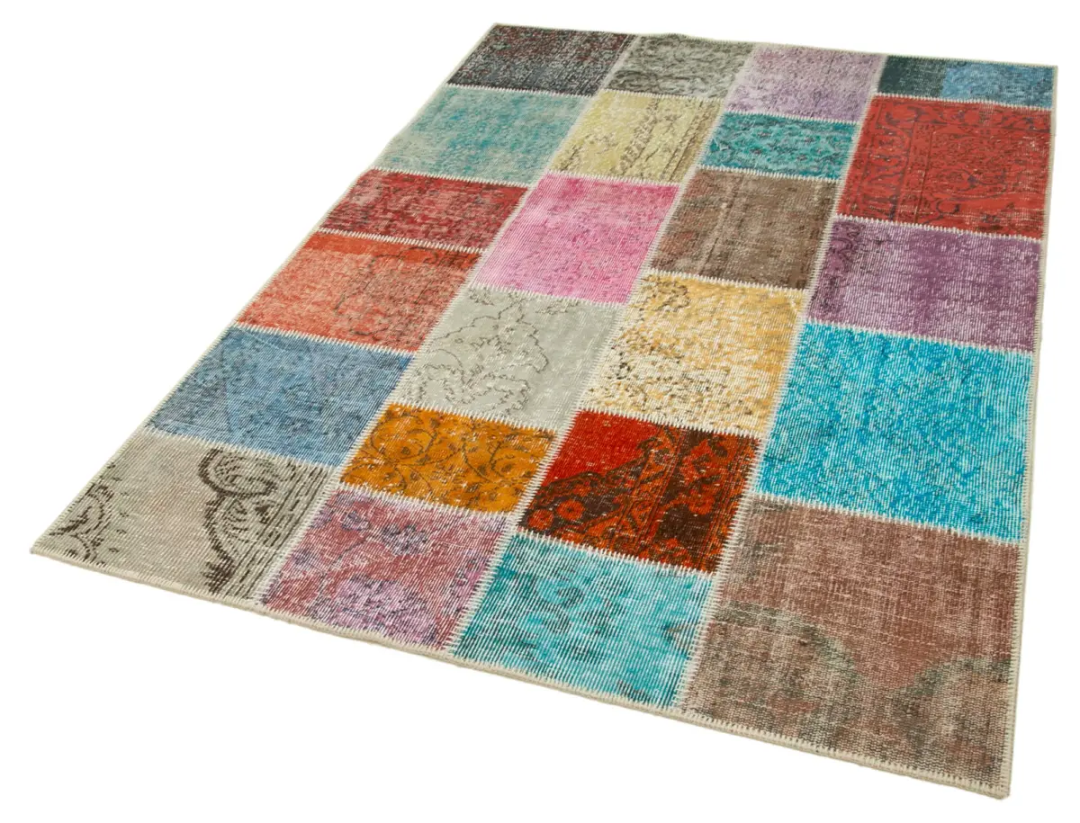 Patchwork Multi Pamuk Üzerine Yün El Dokuma Kilim-145x207 - Görsel 3